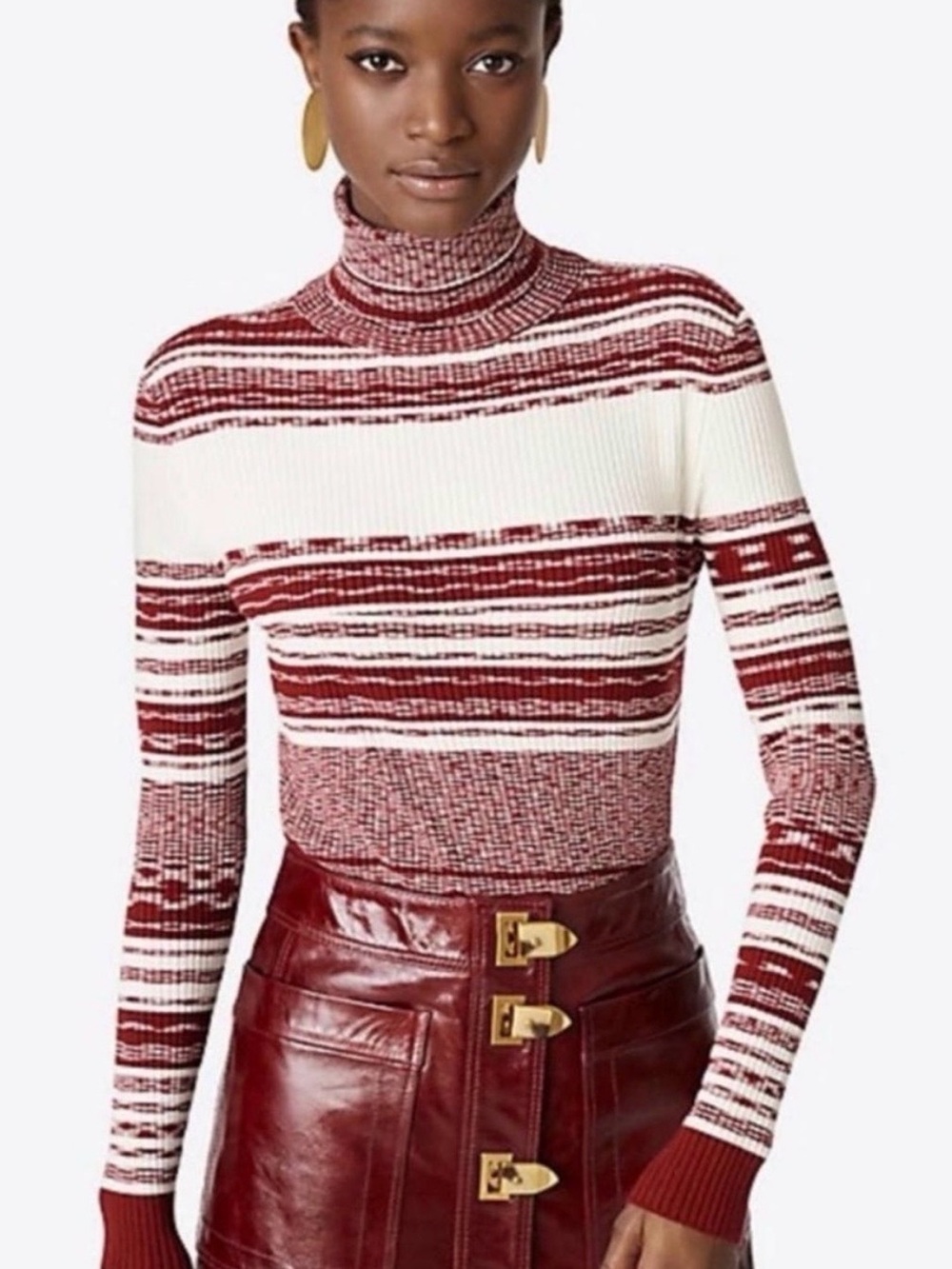 Tory Burch Striped Turtleneck Sweater in Wine and Cream
